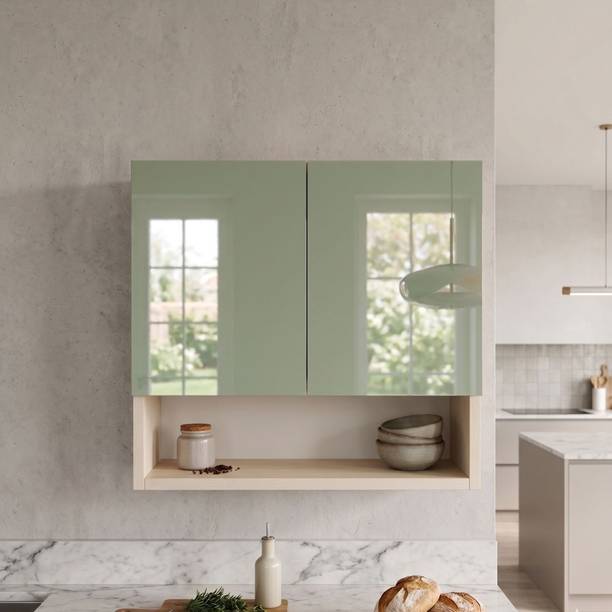 SPECIALITY PANELS 2 Door Mirror glossy triple layer UV resistant handless shutter, Organizer Shelf Engineered Wood Kitchen Cabinet