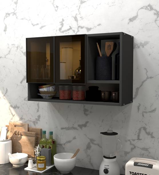 SPECIALITY PANELS Aluminium Profile 2 Brown Tinted Glass handless, OrganizerShelf, French Cleat Engineered Wood Crockery Cabinet