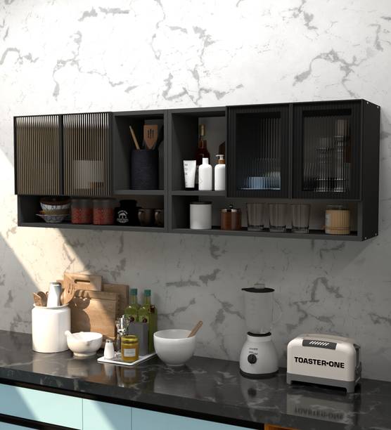 SPECIALITY PANELS Aluminium Profile 4 Fluted Glass handless, 6 Organizer Shelf, French Cleat Engineered Wood Crockery Cabinet
