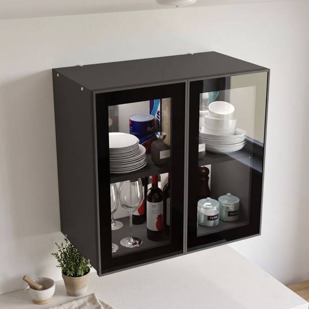 SPECIALITY PANELS Black Profile 2 Door Grey Tinted Glass handless Shutter Free assembly by Brand Engineered Wood Crockery Cabinet