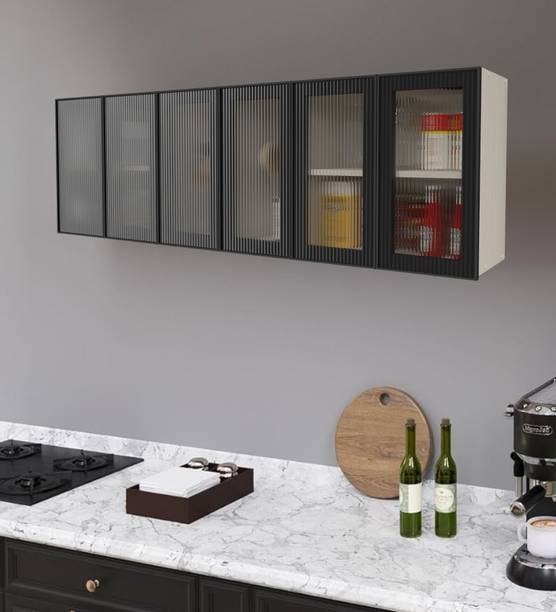 SPECIALITY PANELS Aluminium Black Profile 6 Fluted Plain Glass handless shutters, French Cleat Engineered Wood Crockery Cabinet