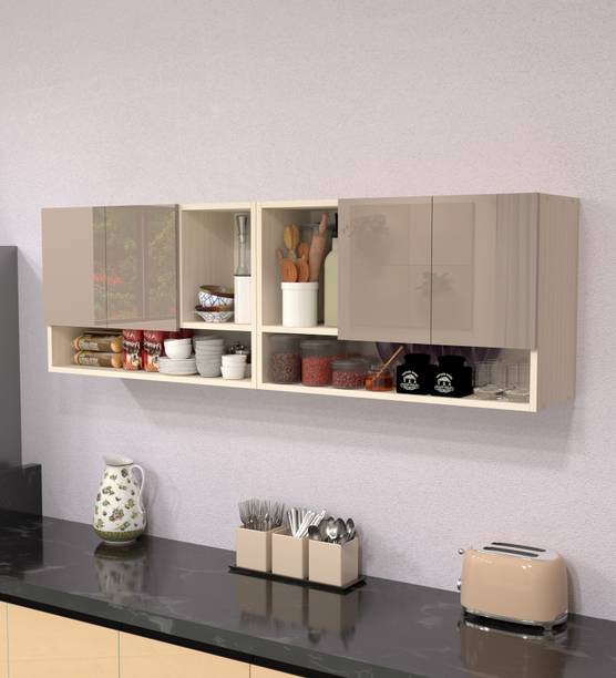 SPECIALITY PANELS 4 Door Mirror glossy triple layer UV resistant handless shutter with 6 Shelf Engineered Wood Crockery Cabinet