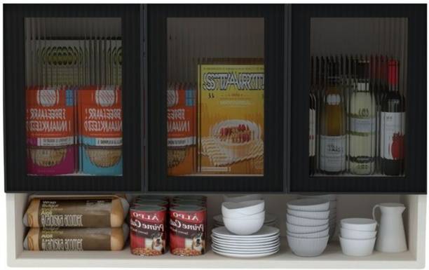 SPECIALITY PANELS Black Profile 3 Door Fluted Plain Glass handless Shutter Free assembly by Brand Engineered Wood Crockery Cabinet