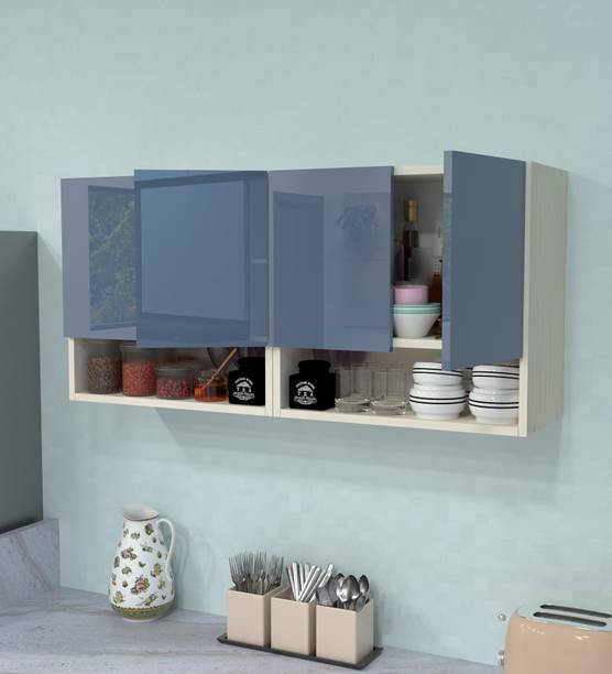 SPECIALITY PANELS 4 Door Mirror glossy triple layer UV resistant handless shutter, Organizer Shelf Engineered Wood Kitchen Cabinet