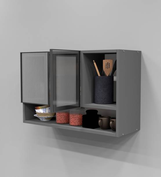 SPECIALITY PANELS Aluminium Profile 2 Fluted Glass handless, Organizer Shelf, French Cleat Engineered Wood Crockery Cabinet