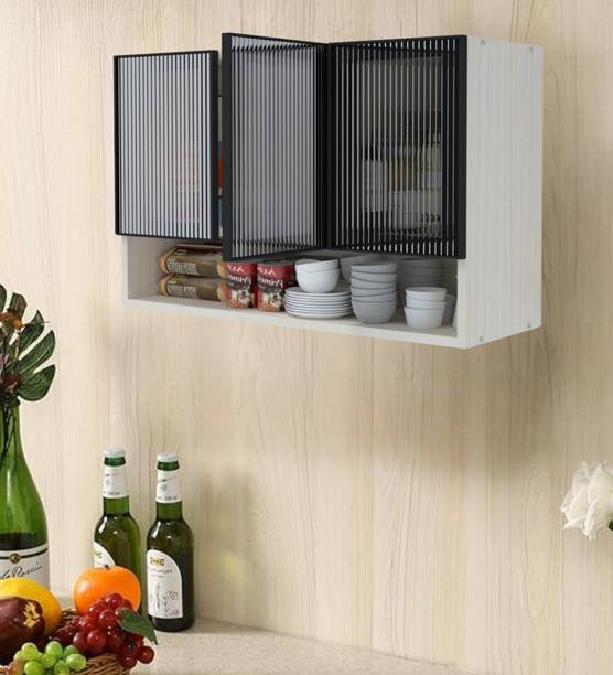 SPECIALITY PANELS Aluminium profile 3 Fluted Plain Glass Handless, OrganizerShelf, French Cleat Engineered Wood Crockery Cabinet