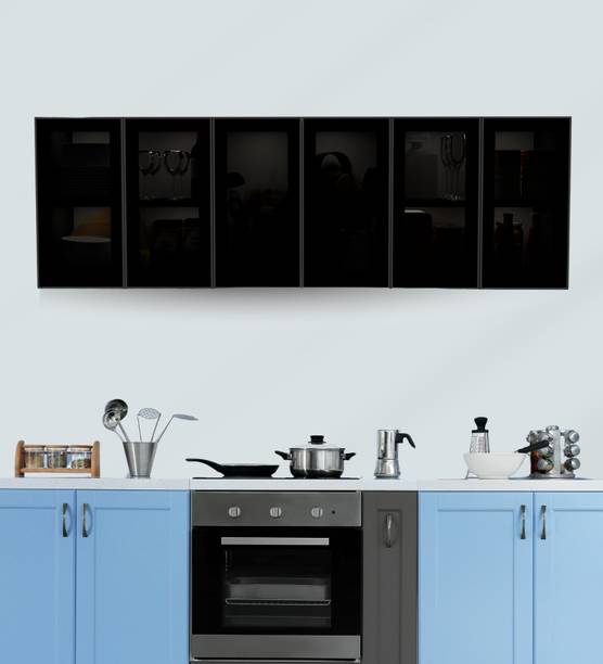 SPECIALITY PANELS Aluminium Black Profile 6 Grey Tinted Glass handless shutters, French Cleat Engineered Wood Kitchen Cabinet