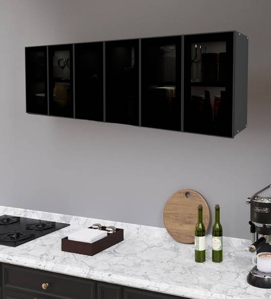 SPECIALITY PANELS Aluminium Black Profile 6 Grey Tinted Glass handless shutters, French Cleat Engineered Wood Crockery Cabinet