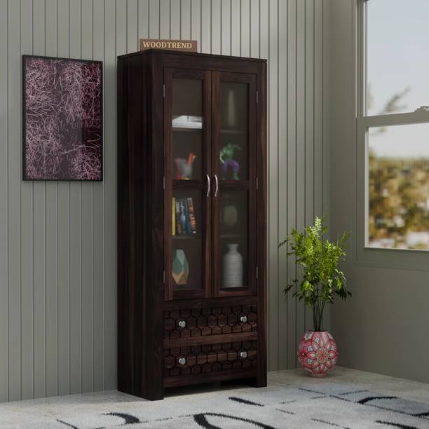WOODTREND Solid Sheesham Wood Kitchen Cabinet With Multiple Shelves And Glass Door Solid Wood Kitchen Cabinet