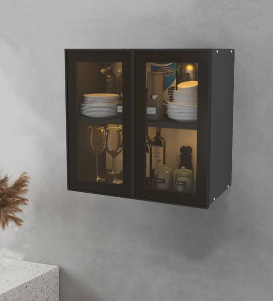 SPECIALITY PANELS Aluminium Black Profile 2 Door Partial Transparent Brown Tinted Glass handless Engineered Wood Crockery Cabinet