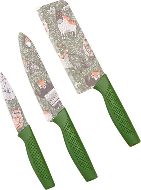OSSOBERRY 3 Pc Carbon Steel Knife Set Green Owl Printed Ultra Sharp Butcher, Meat,Pairing, Vegetable Knife