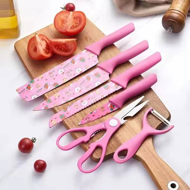 JEEYANA ENTERPRISE 6 Pc Stainless Steel Knife Set Pink Kitchen Knife Set, Knife with Scissors and Peeler, Stainless Steel Knives