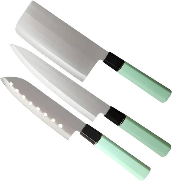 Captoola 3 Pc Stainless Steel Knife Set Chef Knife Slicing Knife Butcher Knife Meat Cleaver Chopping Knife(Steel, 3 Pcs)