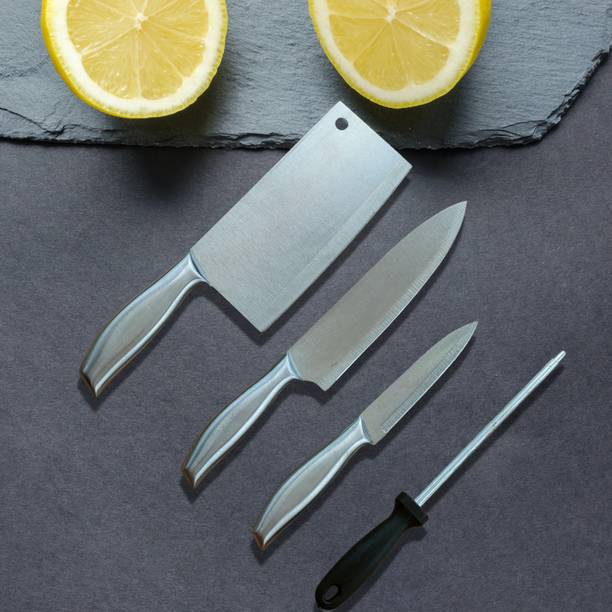 Lellow 4 Pc Stainless Steel Knife Set Premium Ultra Sharp Butcher Pairing Vegetable Knives for Kitchen With Sharpener