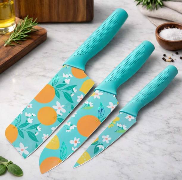 KRUPA 3 Pc Stainless Steel Knife Blue Printed SS Ultra Sharp Butcher, Meat, Pairing, Vegetable for Kitchen