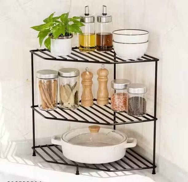 FUSION WORK DESIGN Utensil Kitchen Rack Iron 3-Tier Corner Rack, Matte Black Finish Kitchen Organiser Shelf
