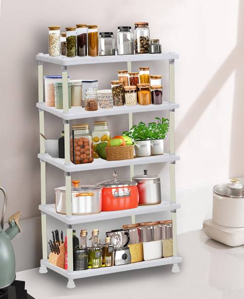 KOnline Fruits/Vegetables Kitchen Rack Plastic Multi-Tier 5-Layer White Kitchen Rack with Tray Design for Small Spaces