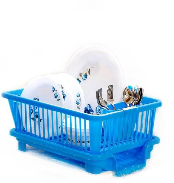 DDecora Dish Drainer Kitchen Rack Plastic 3 in 1 Large Sink Set,Drying Washing Basket tray(BLUE)