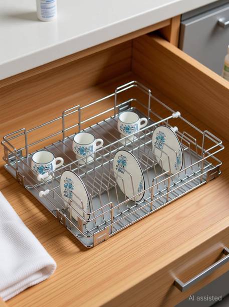 KEEPWELL Plate Kitchen Rack Steel Stainless Steel Cup & Saucer Basket | Modular Kitchen basket | Kitchen Cabinet | Kitchen Trolley | Storage Basket For Kitchen Utensils (Size: 17x20x4 Inch)