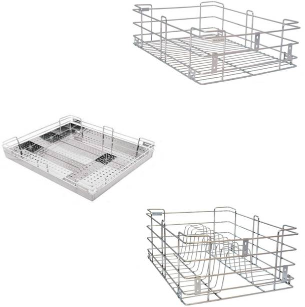 Bloo Basket Utensil Kitchen Rack Steel Stainless Steel Modular Kitchen Basket Accessories cabinets Multipurpose drawer wired 6"plain, 4"cutlery, 8"thali (17 Inch Width * 20 Inch Depth)set of 3