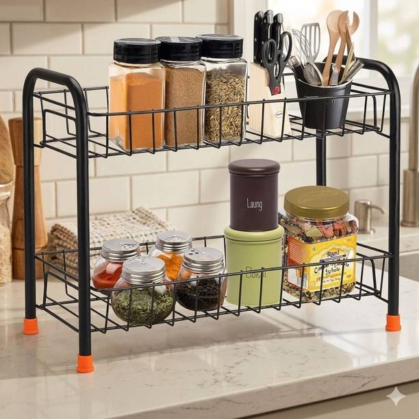 CHROMEPLUS Containers Kitchen Rack Steel 2 Tier Moveable Corner Shelf for Kitchen, Bathroom, Spice Rack