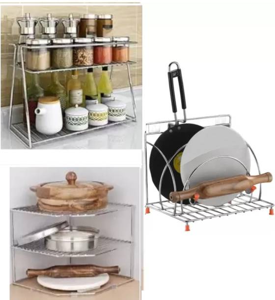 Tajpur Traders Containers Kitchen Rack Steel Modern Stainless Steel Pack Of 3 [Corner+Spice+Tawa Stand]