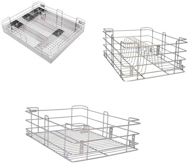 Bloo Basket Utensil Kitchen Rack Steel Stainless Steel Modular Kitchen Basket Accessories cabinets Multipurpose drawer Wired 6" Plain,4" Cutlery,8" Thali (16 Inch Width * 20 Inch Depth) set of 3