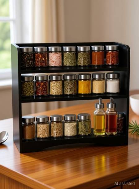 NIVANYA Containers Kitchen Rack Wood Matte Black MDF Kitchen Countertop Organizer Rack – 3 Layer Spice Holder
