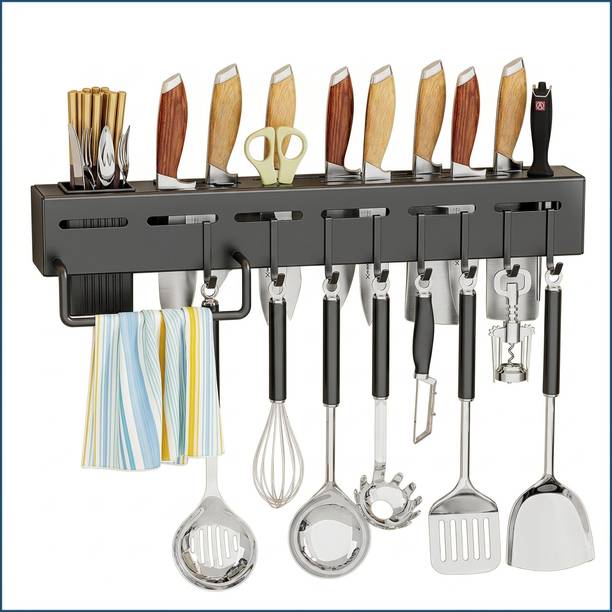 Zenzone Cutlery Kitchen Rack Plastic, Iron Cutlery Organizer | Knife Stand No Drill Black Finish
