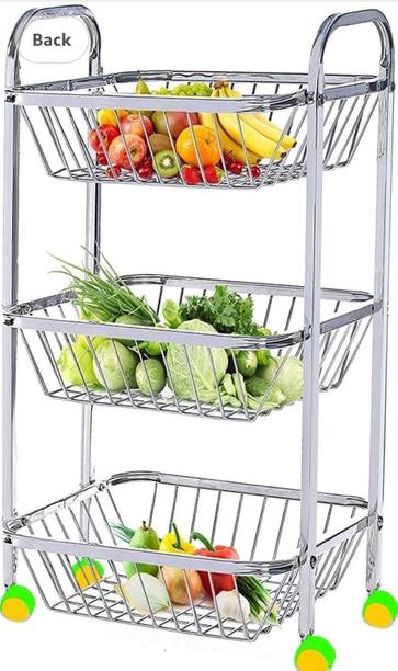 takshvi Fruits/Vegetables Kitchen Rack Steel SQUARE 3 LAYER TROLLEY