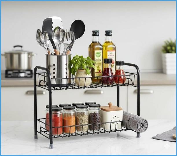 Zenzone Containers Kitchen Rack Iron 2 Layer Kitchen Rack Iron Spice Storage Organizer Stand Multipurpose Modern