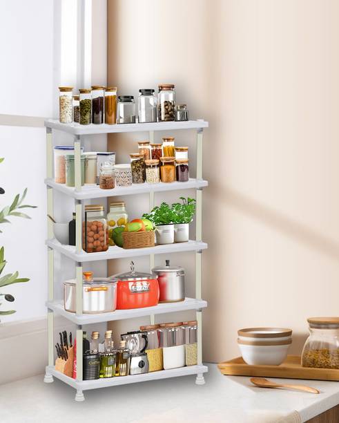 SANAMSTORE Fruits/Vegetables Kitchen Rack Plastic Multi-Tier 5-Layer White Kitchen Rack with Tray Design for Small Spaces