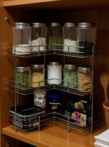 Nexone Utensil Kitchen Rack Steel Kitchen Rack Stainless Steel Multipurpose L-Shape 3-Tier Kitchen Corner Rack