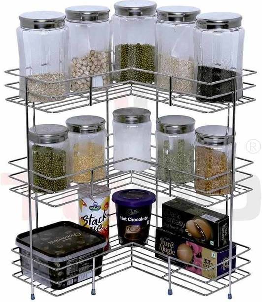 Nexone Utensil Kitchen Rack Steel Kitchen Rack Stainless Steel Multipurpose L-Shape 3-Tier Kitchen Corner Rack