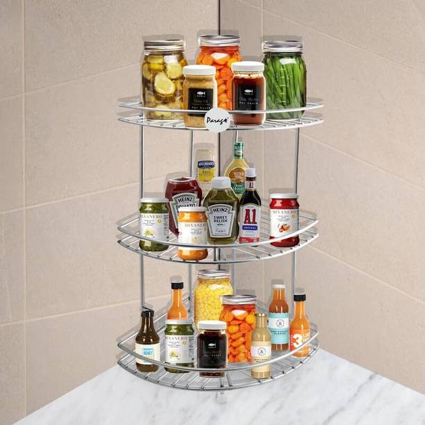 पैरेज Stainless Steel 3 Tier Multipurpose Storage Organizer, Corner Stand for Kitchen and Bathroom, Shelf Rack, Bathroom Shelf Wall Mounted, Chrome Finish, Size: 23 x 23 x 48 cm स्टील रसोई रैक