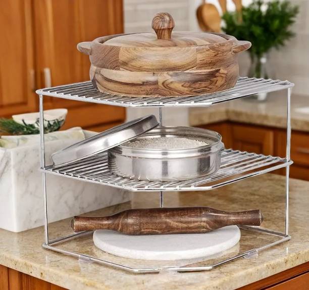 PALOMINO Chakla/Belan Kitchen Rack Steel Stainless Steel 3-Tier Corner Rack | Kitchen Storage Shelf & Organizer