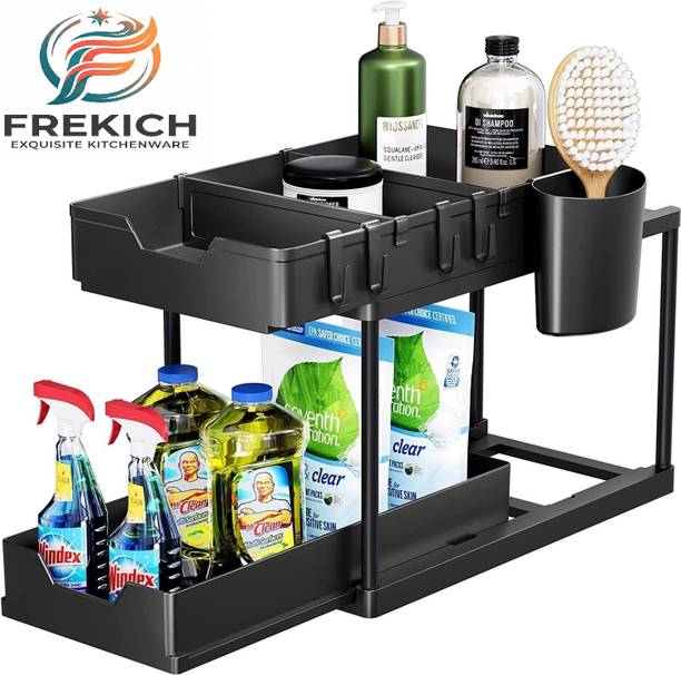 Frekich Containers Kitchen Rack Plastic Under Sink Organizeer with Sliding Drawerr 2 Tier Under Sink Storage Organiz