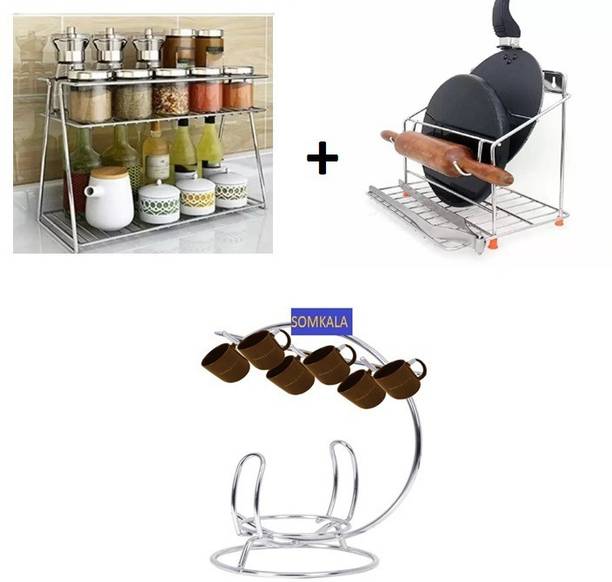 Somkala Cup Kitchen Rack Steel Presents a combo of spice rack + 4 in 1 chakla belan stand + modular