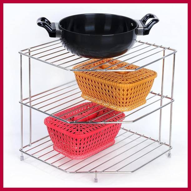 Zenzone Utensil Kitchen Rack Steel Steel Corner Shelf Steel 3 Tier Rack Modular Kitchen Use