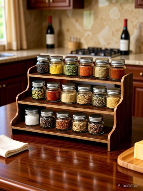 Expro Containers Kitchen Rack Wood Elegant 3-Tier Wooden Spice Rack & Kitchen Organizer