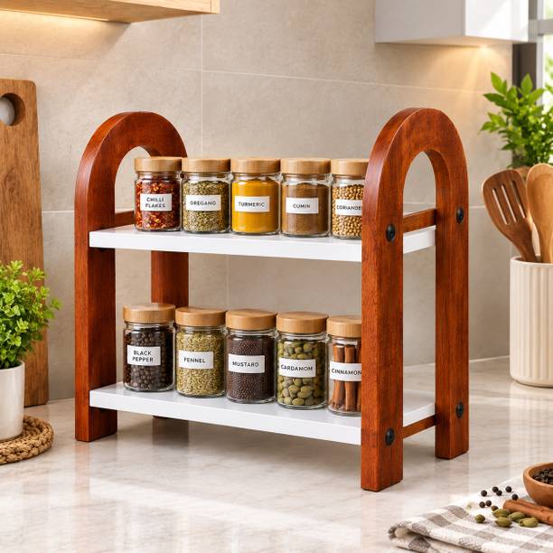 RJNHANDICRAFTS Containers Kitchen Rack Wood Wooden 2 Tier Kitchen Rack, Countertop Spice & Multipurpose Storage Shelf
