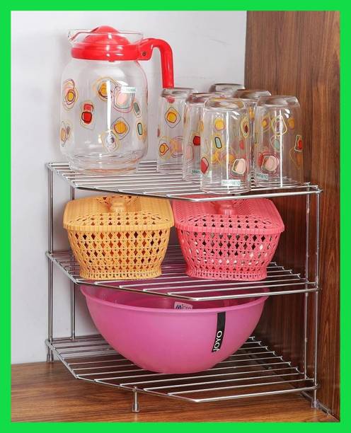 Zenzone Utensil Kitchen Rack Steel Kitchen Corner Rack 3 Tier Stainless Steel Storage Shelf - Space Saving Organize