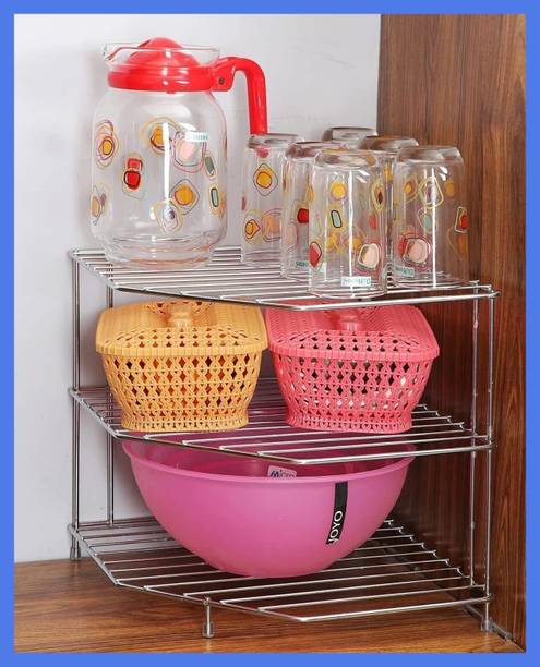 Zenzone Utensil Kitchen Rack Steel Kitchen Corner Rack 3 Tier Stainless Steel Storage Shelf - Space Saving Organize