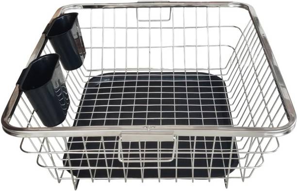 RINCY Dish Drainer Kitchen Rack Carbon Steel BIG SIZE Stainless Steel Dish Drainer Tray Basket (64x47x23) Stainless Steel