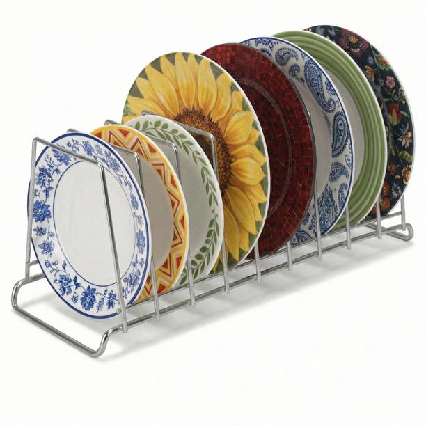 TechSrmaji Containers Kitchen Rack Steel 9-Section Steel Plate Stand, Llid Holder, Dish Rack, Cabinet Thali Rack