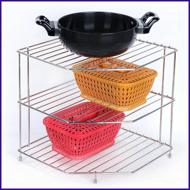 Zenzone Utensil Kitchen Rack Steel Steel Corner Shelf Steel 3 Tier Rack Modular Kitchen Use