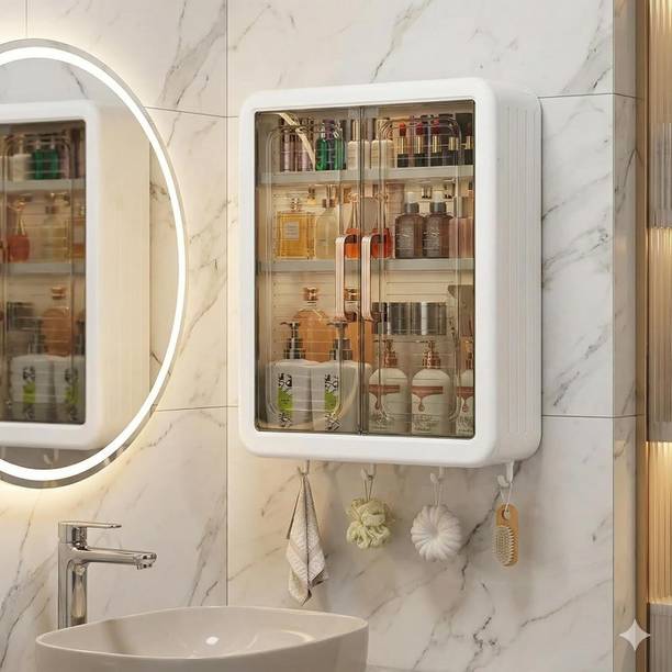 KeonCrown Bathroom Wall Mounted Storage Cabinet with Transparent Door Plastic Wall Shelf