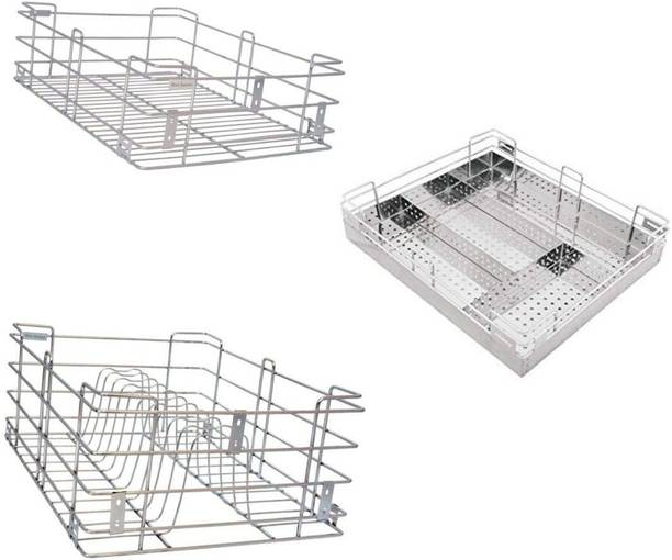 Bloo Basket Utensil Kitchen Rack Steel Stainless Steel Modular Kitchen Basket Accessories cabinets Multipurpose drawer 6" Plain,4" Cutlery,8" Thali wired (19 INCH WIDTH * 20 INCH DEPTH) set of 3