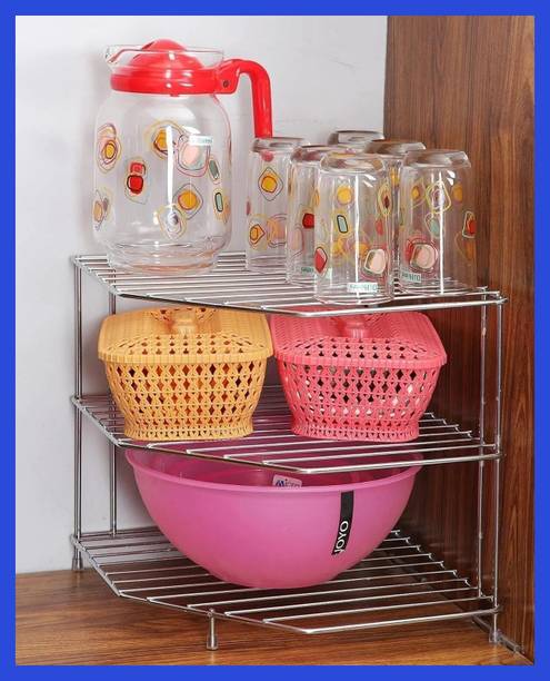 Zenzone Utensil Kitchen Rack Steel Multipurpose Corner Stand for Kitchen Storage 3 Tier Rack - Space Saving Organiz