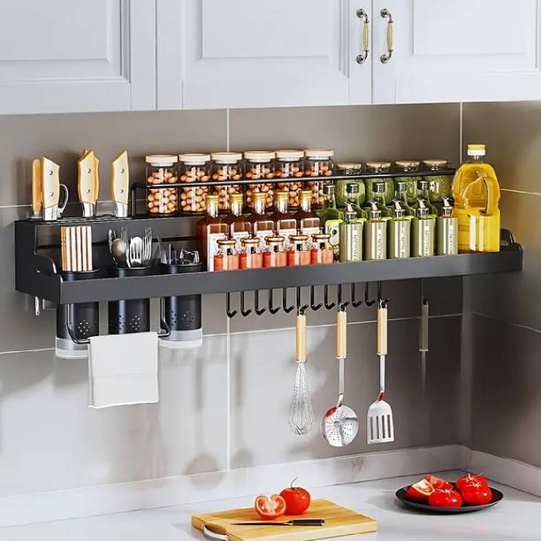 iBELL Dish Drainer Kitchen Rack Carbon Steel iBELL DH280 Wall-Mounted Kitchen Rack with Spice Shelf, Utensil Hooks & Holder